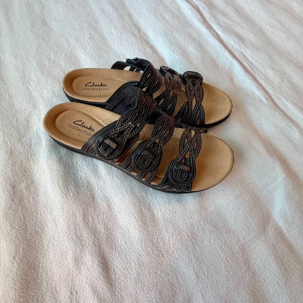 Clarks Collection Leisa Janna Black Leather Slide Sandals Womens 8.5 M - Picture 3 of 7